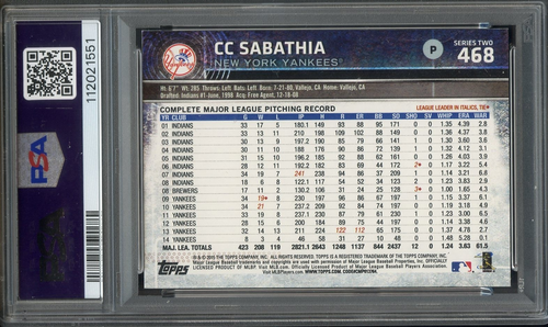 2015 Topps #468 C. C. Sabathia PSA 10 Low Pop 8 New York Yankees 1551 - Picture 2 of 2