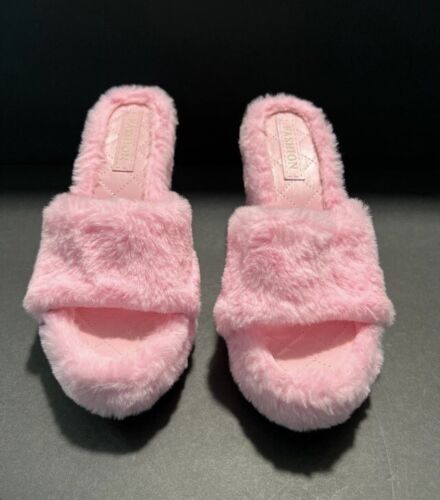 Womens Faux Fur wedge platform sandals summer fluffy slide slipper holiday shoe