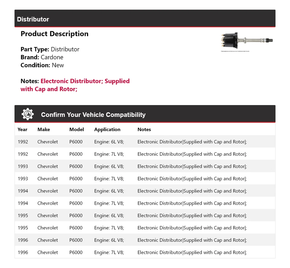 Chevrolet P6000 1992-1996 distribuidor Cardone 1993 1994 1995 Foto 2 de 4