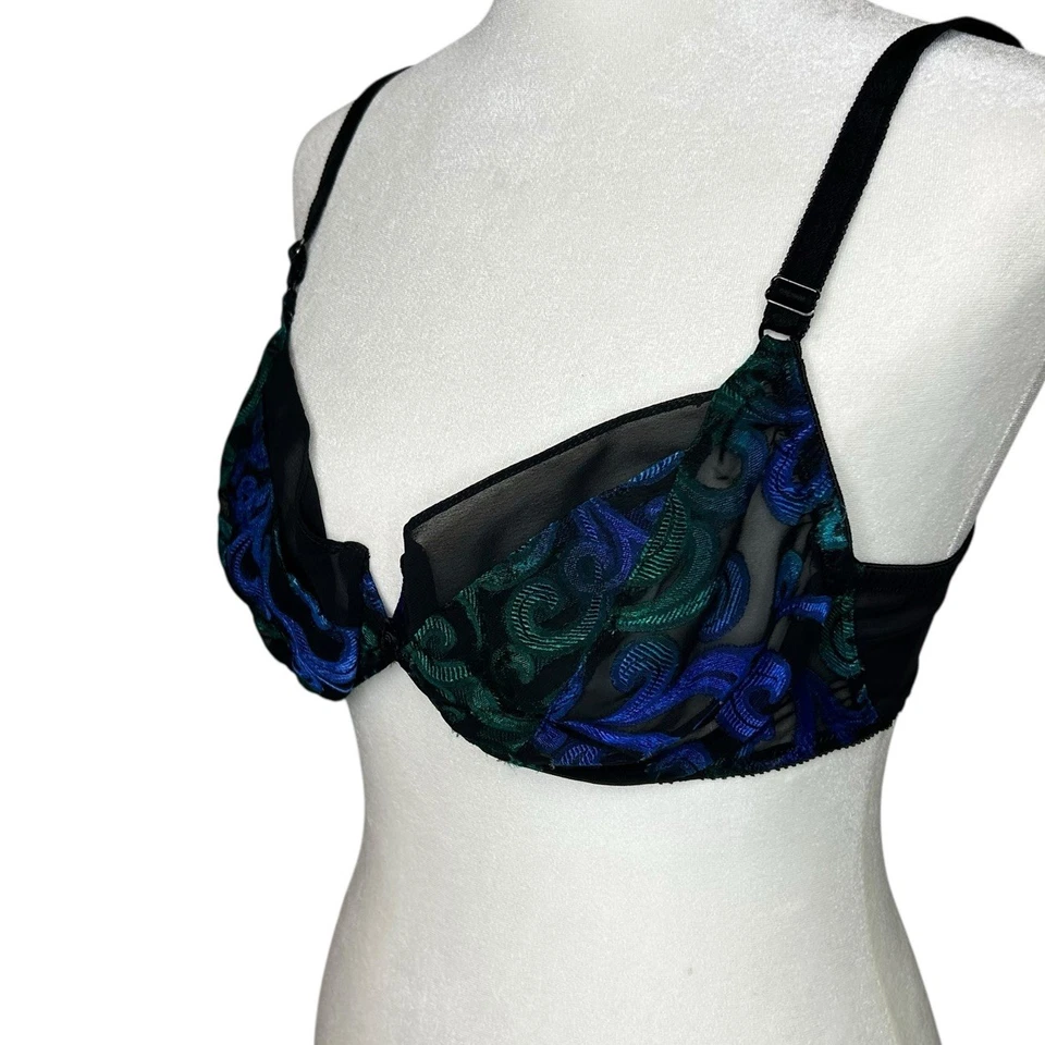 Sutiã Oscar de la Renta lingerie com aro semi transparente tamanho 34C preto azul verde - Imagem 3 de 4