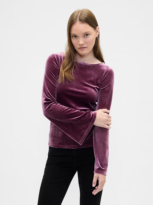 NEW GAP MAUVE PINK VELVET FLARE LONG SLEEVE TOP SHIRT L LARGE