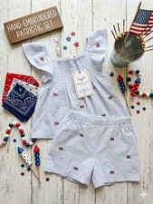 NWT Size 6X Girls Blue Seersucker 4th of July Set - American Flag Shorts  Top