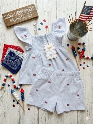 NWT Size 6X Girls Blue Seersucker 4th of July Set - American Flag Shorts & Top - Image 1 of 4