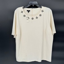 Talbots Woman Cream Rhinestone Embellished Short Sleeve Knit Top Plus Size 2X