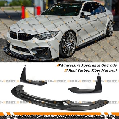 For 15-19 BMW M3 M4 GT Style Carbon Fiber Front Lip + MP Bumper Splitter Overlay