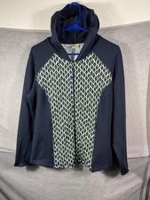 Chico's Zenergy Track Jacket Womens 2 Navy Blue Ikat Hooded Full Zip Pockets