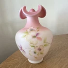8”Vase Hand Painted Floral Flowers Pink & White Ruffled Rim Fenton 2007 Signed