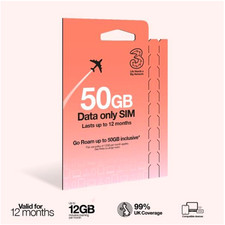 Three 50GB Data Only SIM Lasts up to 12 month