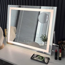 Makeup Mirror 3 Colors LED Lighted,Stepless Dimming,5X Magnifier,Rechargeable