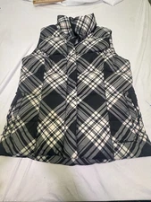 EDDIE BAUER Goose Down Puffer Vest Women's S Black White Plaid Full Zip Ladies