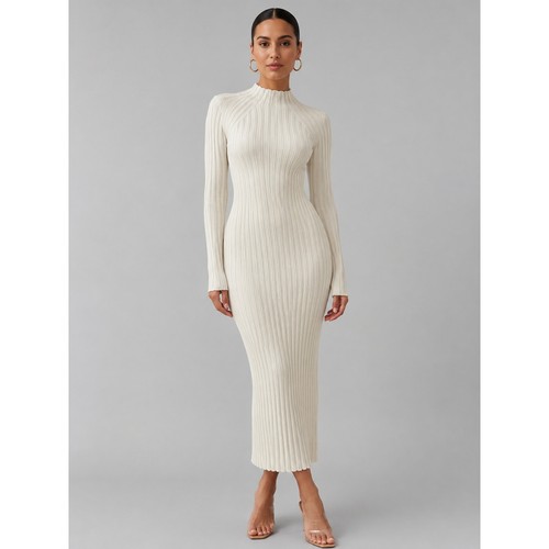 & Other Stories Sz M Ribbed Maxi Dress Cream Stretch Bodycon Minimalist Sleek