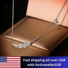 Feather Leaf Pendant Necklace 925 Sterling Silver Micro Pave Women Jewelry