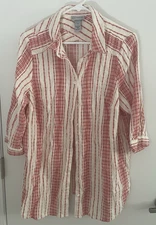 Catherines Top Women 0X Plus Size Red Cream Stripe Cotton Button Down Coastal