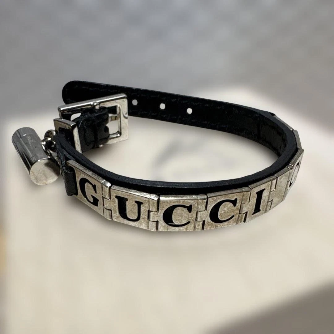 GUCCI CAT ブレスレット 首輪 ネコ ブラック シルバー レザー Gucci Cat Black Leather Collar Bracelet Adjustable L 20cm 7.8in