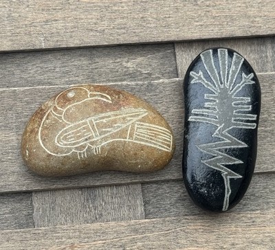 Lot Of 2 Vintage Peruvian Handcarved Stones Nazca Lines Peru Souvenir