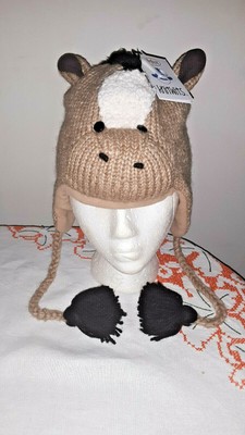 Delux Black Kitty Face Wool Pilot Animal Cap/Hat With Ear Flaps And Poms, Adult Size (841696013659)
