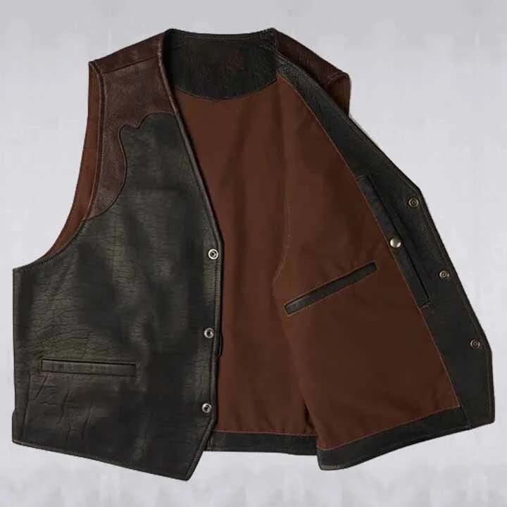 Men's Black Leather Vest Real Waistcoat - Western Cowboy Biker