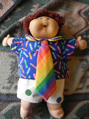 1985 Cabbage Patch Doll, Polka Dot Pants, Rainbow Necktie and Crayon Shirt 17''