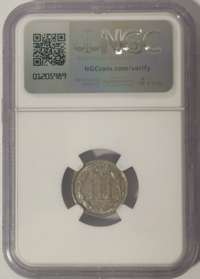 1865 US 3 CENT COIN COPPER/NICKEL NGC AU 55 - Image 2 of 4