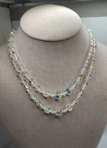 Vintage kryształ AB fasetowane szklane koraliki 2-niciowe 17" naszyjnik haczyk zamknięcie - Zdjęcie 1 z 5
