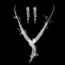 Silver Necklace Earrings Set Bridal Crystal Wedding Jewelry Sets Rhinestone