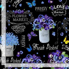 Pansy Flower Jars Fabric Digital Cotton Timeless Treasures CD1890 By Yard