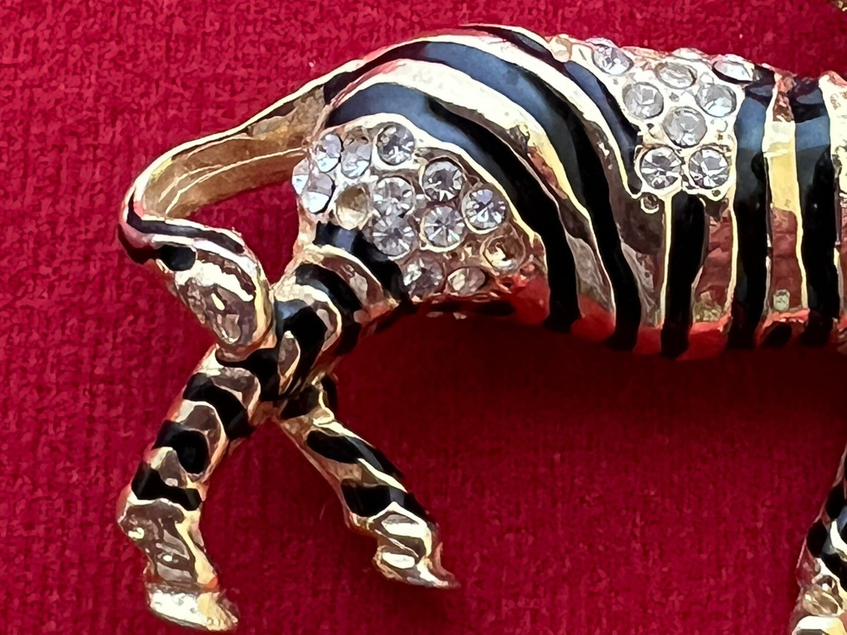 Vintage ZEBRA BROOCH PIN Gold Tone with Black Stripes