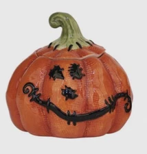 Blue Sky Clayworks Halloween Stitched Pumpkin Sugar Bowl Mini Canister NEW