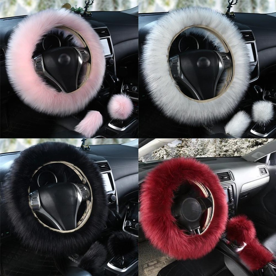 Faux Wool Fur Fluffy Car Steering Wheel Cover Handbrake Gear Knob