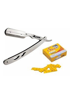 Stainless Steel Barber Razor Beard Shaving Lineup+100 Shark Precut Half Blades