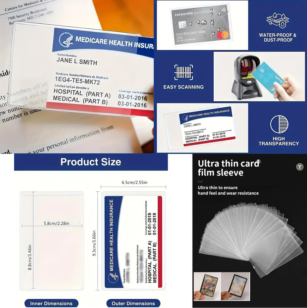 medicare card sleeve 10 Pack New Holder Protector Sleeves, 12Mil Clear PVC Soft Water Resistant Medicare Card Protector Sleeves for Medicare Card Credit Card Business Card Social Security (Matte 10 Pack Product Description Previous page Easy to Use Unique opening design makes it easier to take in and put in cards High transparency Double Medicare Card Holder Waterproof Durable