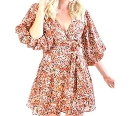 MINKPINK Floral Mini Dress Medium Boho Puff Sleeve Belted V-Neck NWOT - Picture 11 of 11