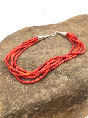 Womens Red Apple Coral Heishi Strands Liquid Sterling Silver Bracelet 7