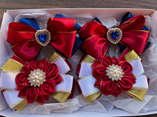 4 pc Red Blue White Gold Ribbon Hair Bows Heart Rhinestone Beaded, without box