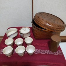 Ceramic Tea Set with Bamboo Basket, Sencha Utensils, Used, 40 Years Old