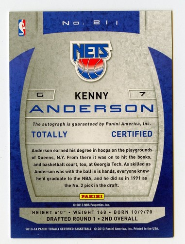 H693 KENNY ANDERSON AUTO 2013-14 TOTALLY CERTIFIED #211 NETS AUTOGRAPH RARE SP - Picture 2 of 2