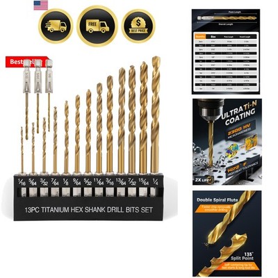 Titanium Twist Drill Bit Set - 16 Pcs Hex Shank High Speed Steel for Wood Pla...