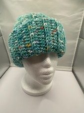Handmade Crochet Beanie Hat Aqua Multicolor Acrylic Yarn, Unisex Adult Hat