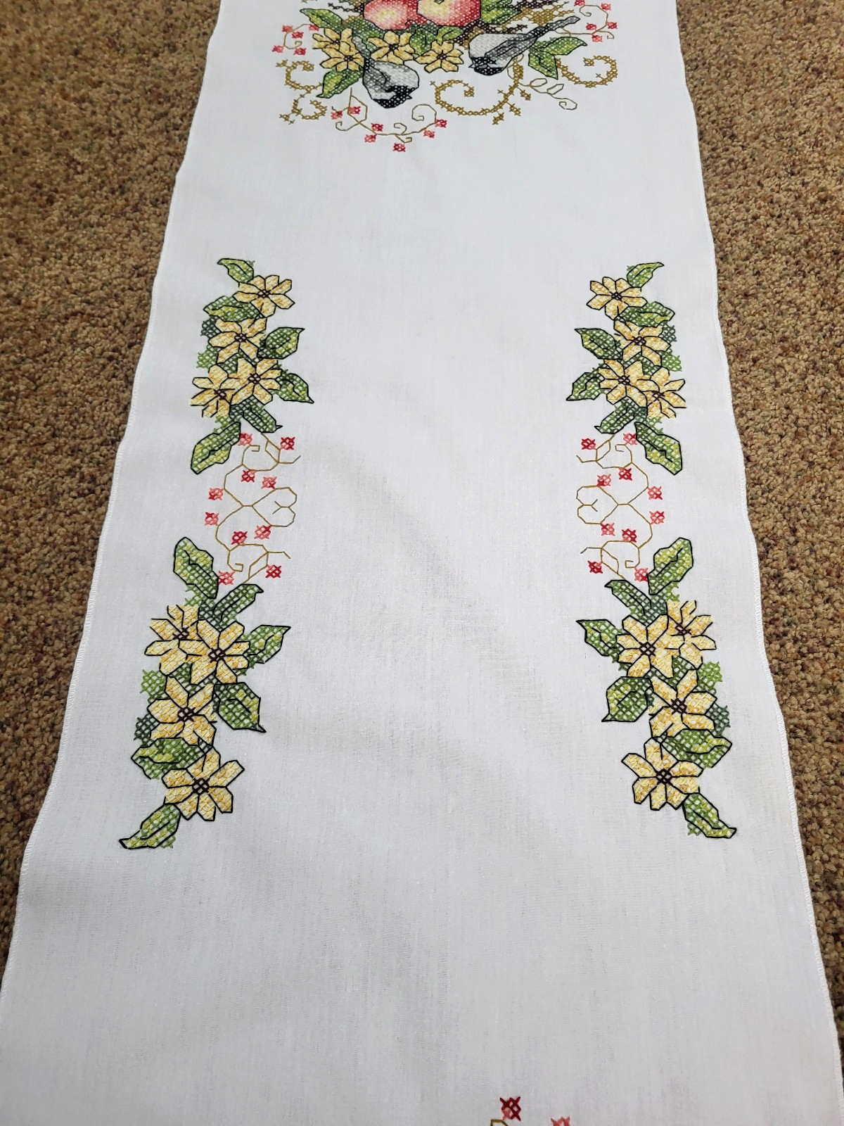 Completed Finished Cross Stitch FALL TABLE RUNNER Birds and Flowers | eBay