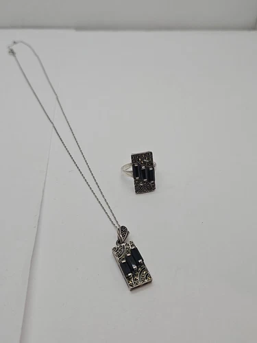 VTG L&H Signed 925 S.S. with Prism Cut Black Onyx and Marcasite Ring & Necklace.