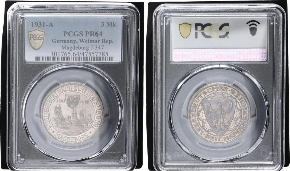 Weimar 3 Mark Silber 1931-A Magdeburg J.347 PCGS PR64 Polierte Platte 142688 - Bild 1 von 1