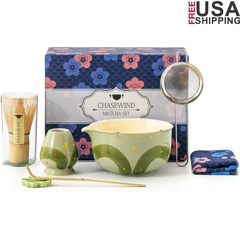 Hand-Painted Matcha Whisk Set 7-Piece Ceramic Bowl Bamboo Whisk Sifter Towel New