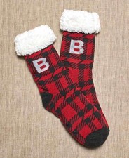 Women  s Red Plaid Christmas Slipper Socks with Initial Monogram - B