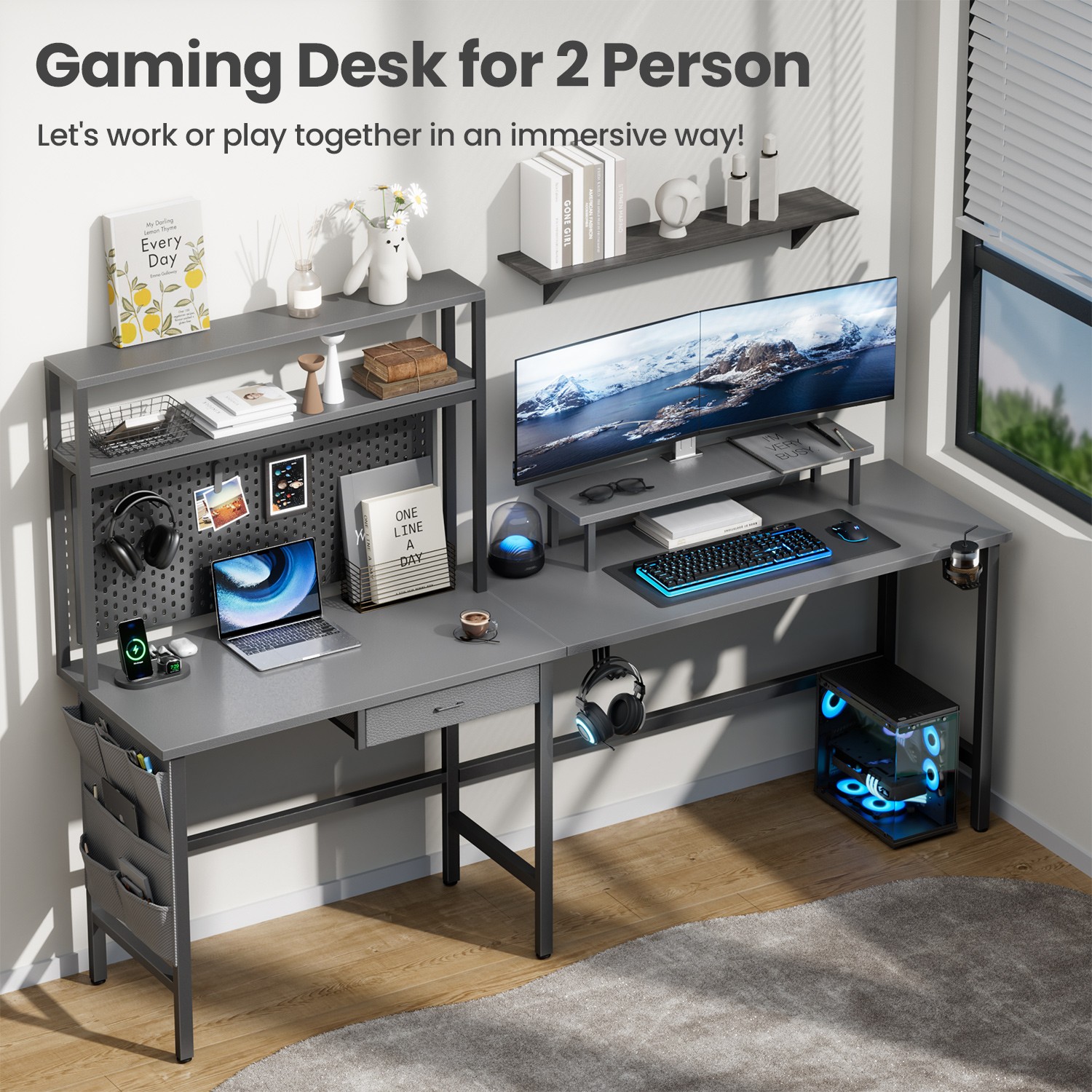 59 inch L Shaped Gaming Desk with LED light & Power Outlets, PC Desk with Drawer