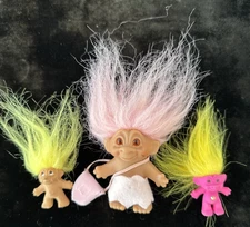 3 Thomas Dam Norfin Troll 3" Pink Hair Dress Purse + 2 Yellow Hair 1.5" Vintage