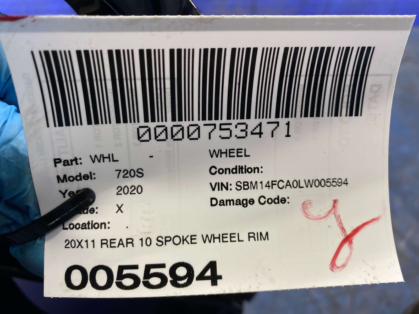2018-2023 MCLAREN 720S 20X11 REAR 10 SPOKE WHEEL RIM BLACK ALLOY *CURB RASH*