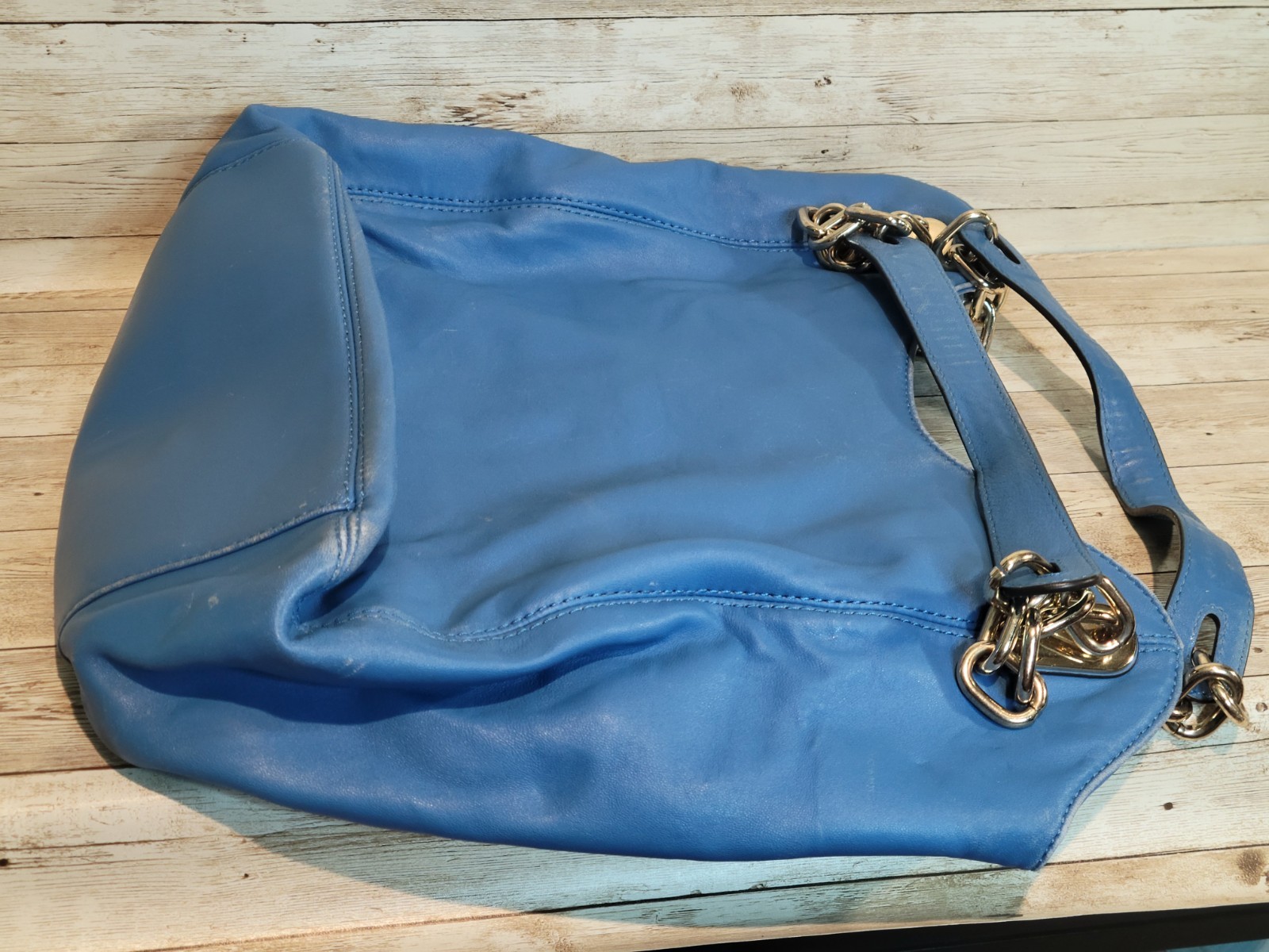 Michael Kors Leather Blue Lillie Tote Double Chain Handle Shoulder Bag Purse thumbnail 12