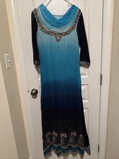Wedding Eid 3 Piece Shalwar Anarkali Pakistani Indian Beads Blue Peacock 34 Chst