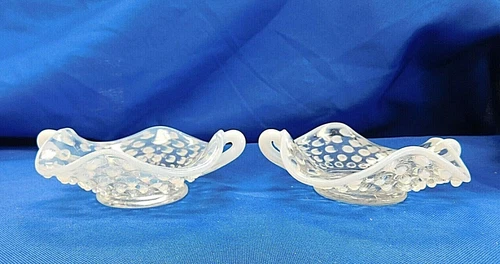 2 Vintage Fenton White Opalescent Hobnail Glass Trinket / Bon Bon Dishes