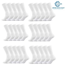 60 Pairs Wholesale Bulk Men's Solid White Sports Cotton Crew Socks 9-11 10-13